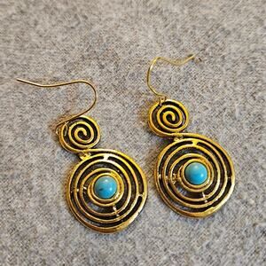 Boutique Retro Gold-Tone Spiral Drop Earrings w/ Faux Turquoise Stones